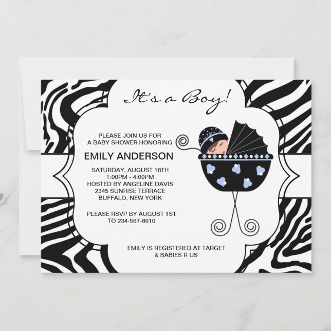 Invitation Black et bleu Zebra Baby Boy Douche (Devant)
