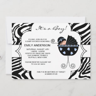 Invitation Black et bleu Zebra Baby Boy Douche