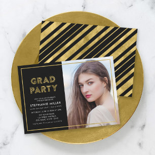 Invitation Black et Faux Gold Géométrique Photo Grad Party