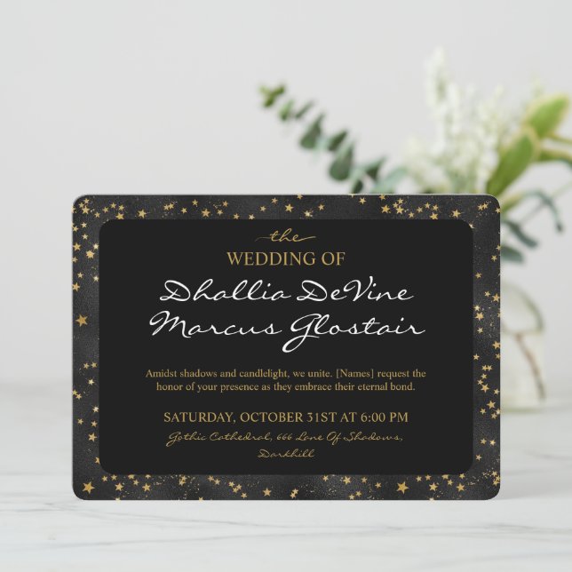 Invitation Black Et Gold Stars Goth Motif (Debout devant)