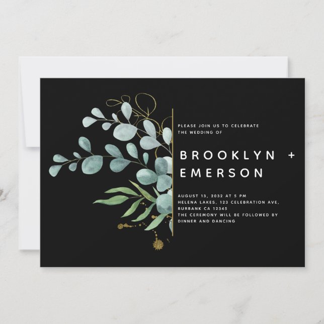 Invitation Black Eucalyptus Gold Foil Mariage moderne (Devant)