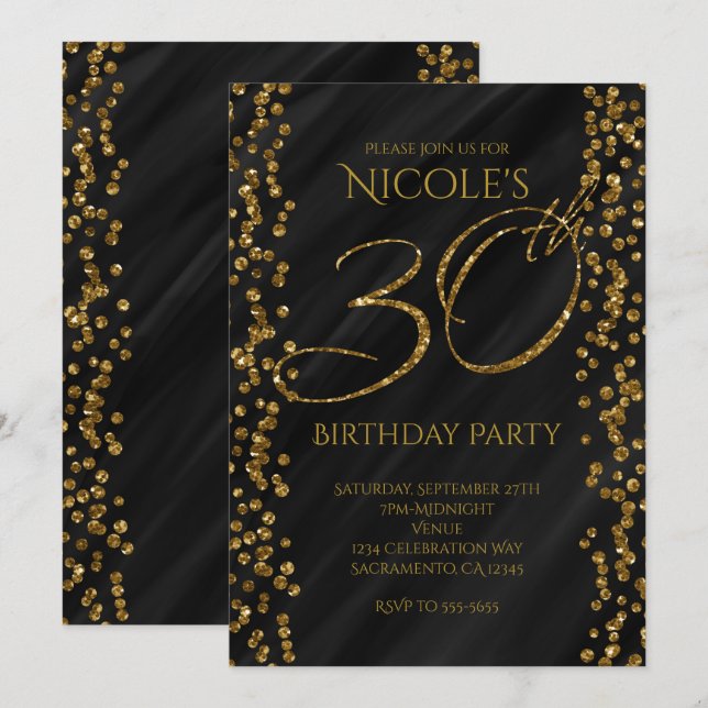 Invitation Black & Faux Gold Parties scintillant Glam 30 30e  (Devant / Derrière)