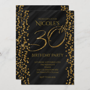 Invitation Black & Faux Gold Parties scintillant Glam 30 30e 
