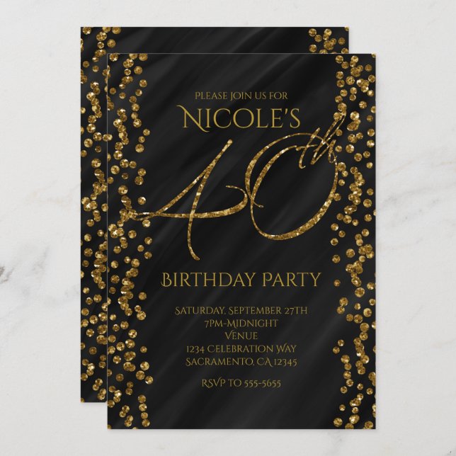 Invitation Black & Faux Gold Parties scintillant Glam 40 40e  (Devant / Derrière)