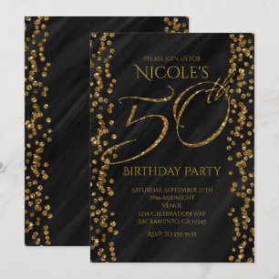 Invitation Black & Faux Gold Parties scintillant Glam 50 50e 