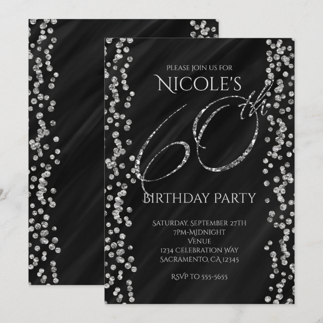 Invitation Black & Faux Silver Parties scintillant Glam 60 60 (Devant / Derrière)