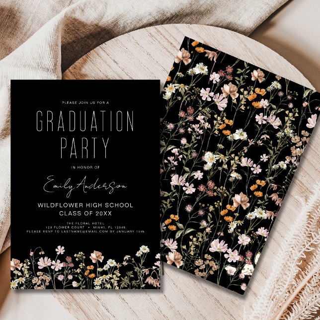 Invitation Black Fleur sauvage Bloom Graduation Party Boho (Créateur téléchargé)