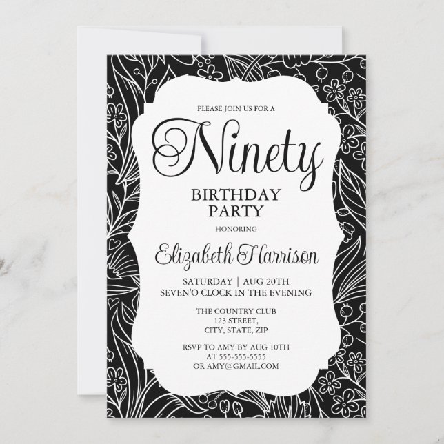 Invitation Black Flora Femme 90e fête d'anniversaire (Devant)