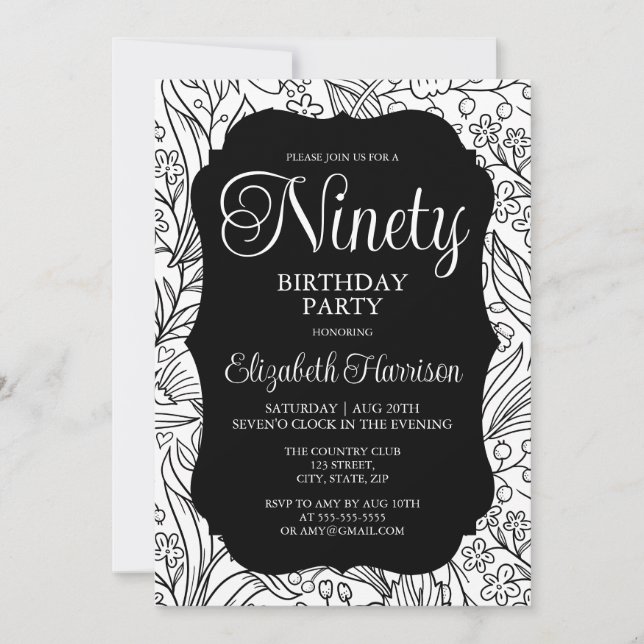 Invitation Black Flora Femme 90e fête d'anniversaire (Devant)