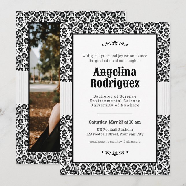 Invitation Black Floral Damask Photo Graduation (Devant / Derrière)