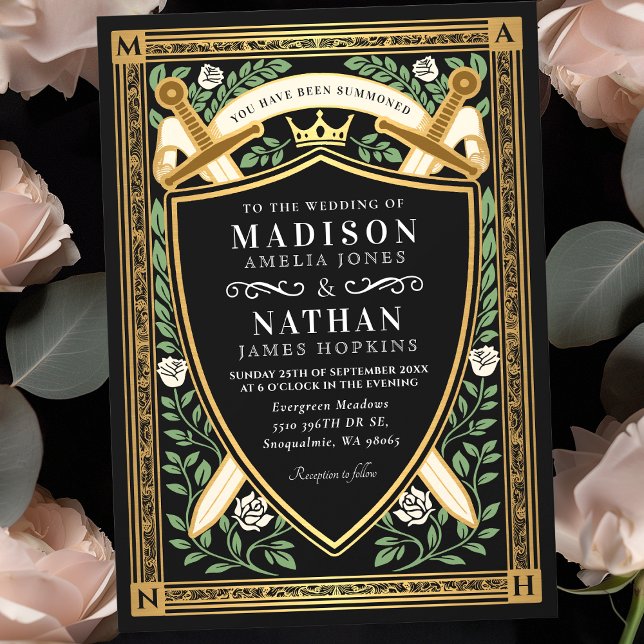 Invitation Black Floral Fantasy Sword Shield Monogram Wedding (Créateur téléchargé)