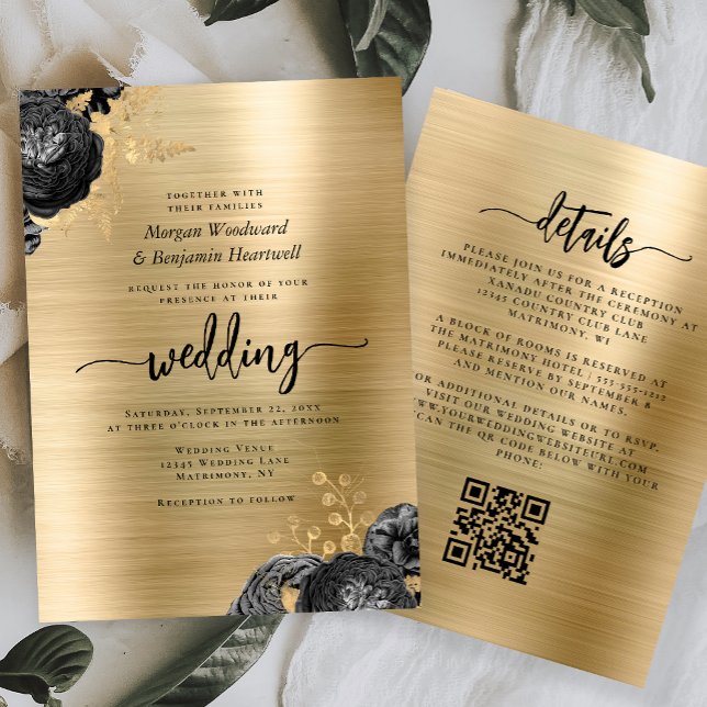 Invitation Black Floral Gold Brushed Metal QR Code Wedding (Créateur téléchargé)