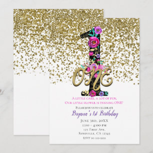 Invitation Black Floral Gold Parties scintillant ONE 1 1er an