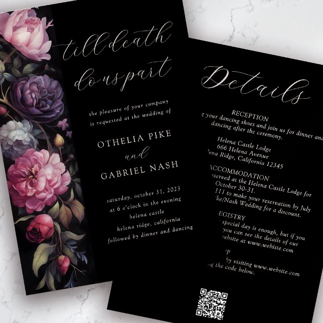 Invitation Black Floral gothique tout en un QR Code Mariage (Créateur téléchargé)