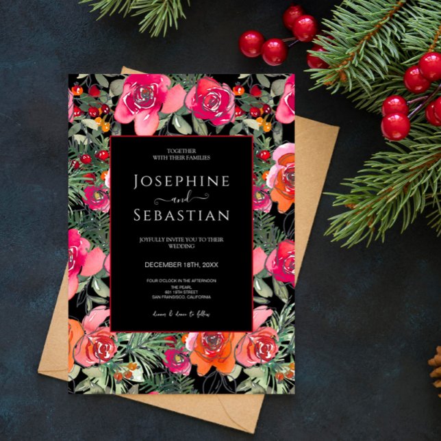 Invitation Black Floral Holly Berries Mariage de Noël (Créateur téléchargé)