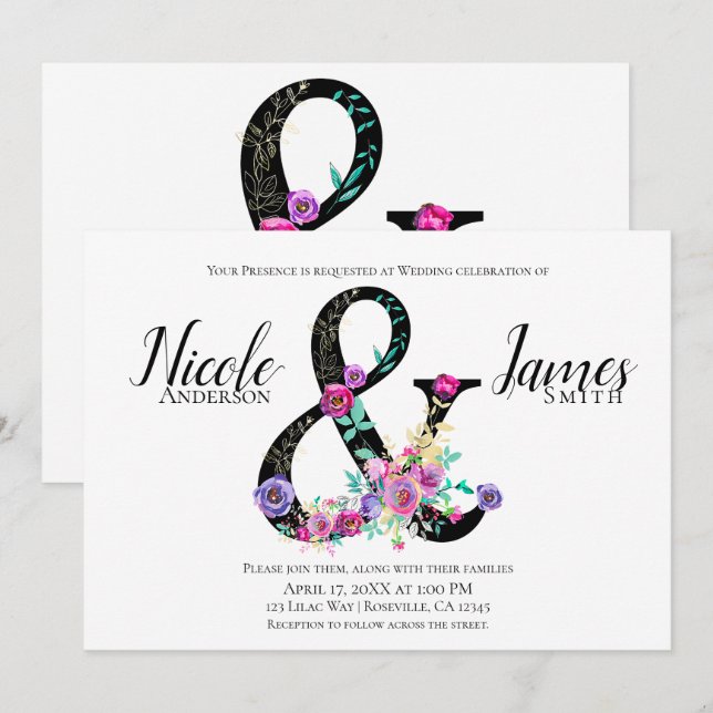 Invitation Black Floral Moderne Ampersand Chic Printemps Mari (Devant / Derrière)