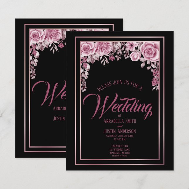 Invitation Black Floral Rose Gold Script Mariage élégant (Devant / Derrière)