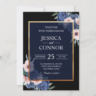 Invitation Black Floral rustique Or élégant mariage moderne