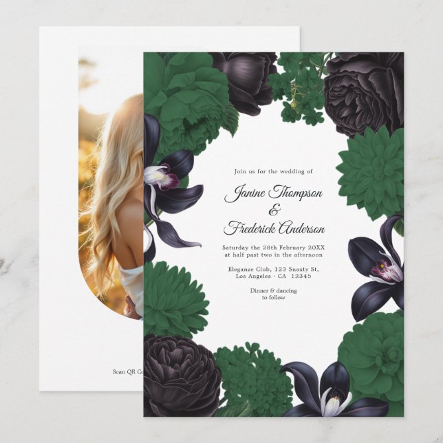 Invitation Black & Forest Green Photo/QR Code Floral Wedding (Devant / Derrière)