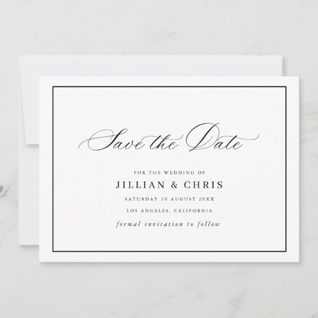 Invitation Black frame calligraphy wedding save the date card (Devant)
