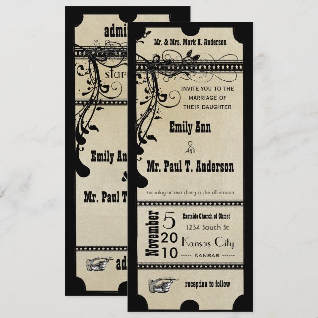 Invitation Black Funky Texture Playbill Swirls Mariage (Devant / Derrière)