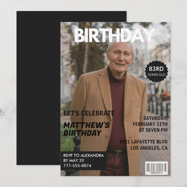 Invitation Black Funny Magazine Couverture photo 83e annivers (Devant / Derrière)