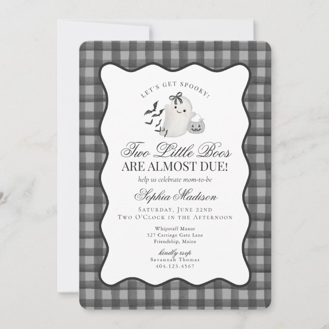 Invitation Black Gingham Cute Ghost Twins Baby Shower (Devant)