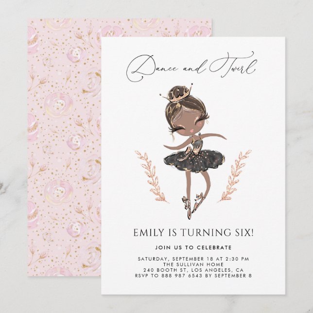 Invitation Black Girl Ballerina en robe noire Anniversaire (Devant / Derrière)