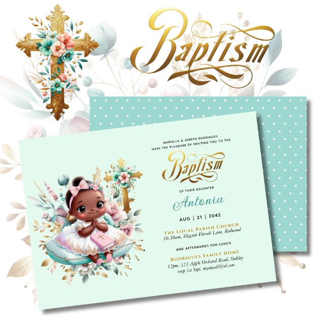 Invitation Black Girl's BAPTISM Pink Gold Floral Cross (Créateur téléchargé)