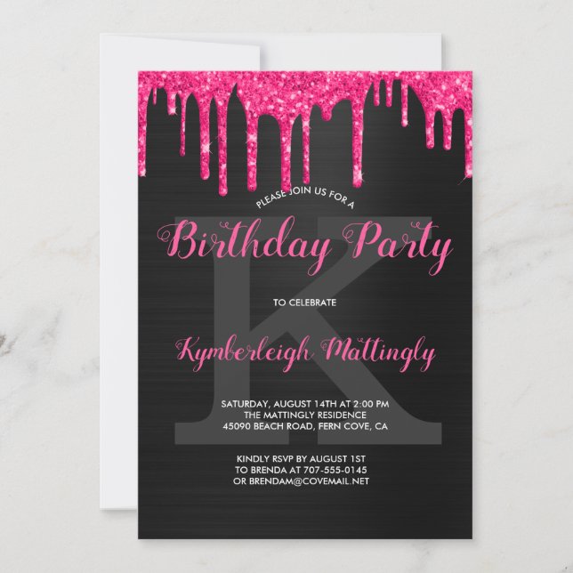 Invitation Black Glam Hot rose Parties scintillant Drithday P (Devant)