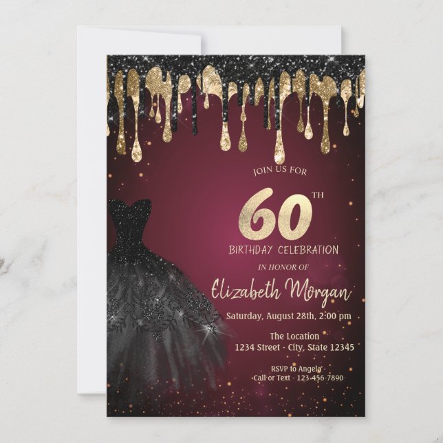 Invitation Black Glitter Drips Black Dress Dark Red 60th  (Devant)