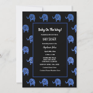 Invitation Black Glittery Blue Baby shower Elephant Animaux