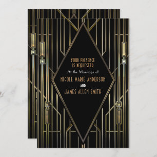 Invitation Black & Gold 20's Art Déco Gatsby Glam Mariage