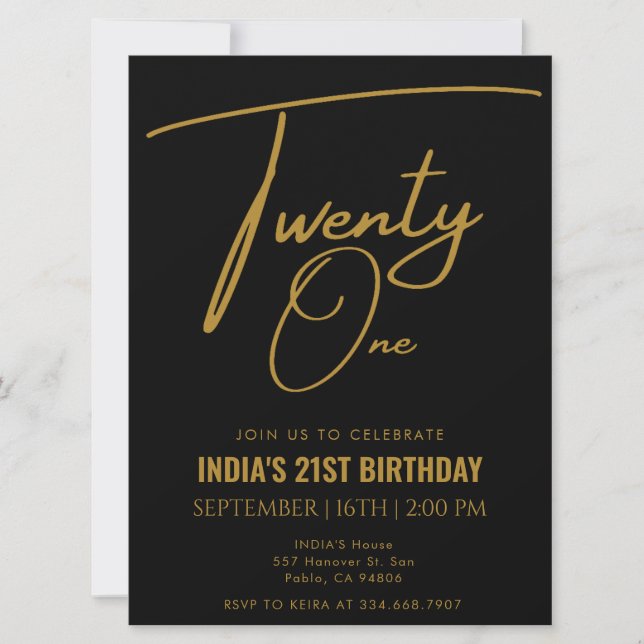 Invitation Black & Gold 21e Vingt et une fête d'anniversaire (Devant)