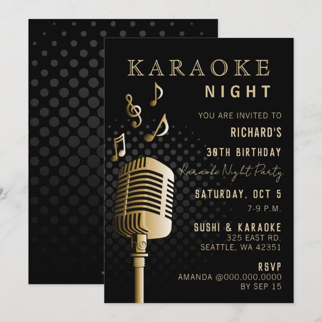 Invitation Black Gold 30th Birthday Karaoke Night Party (Devant / Derrière)