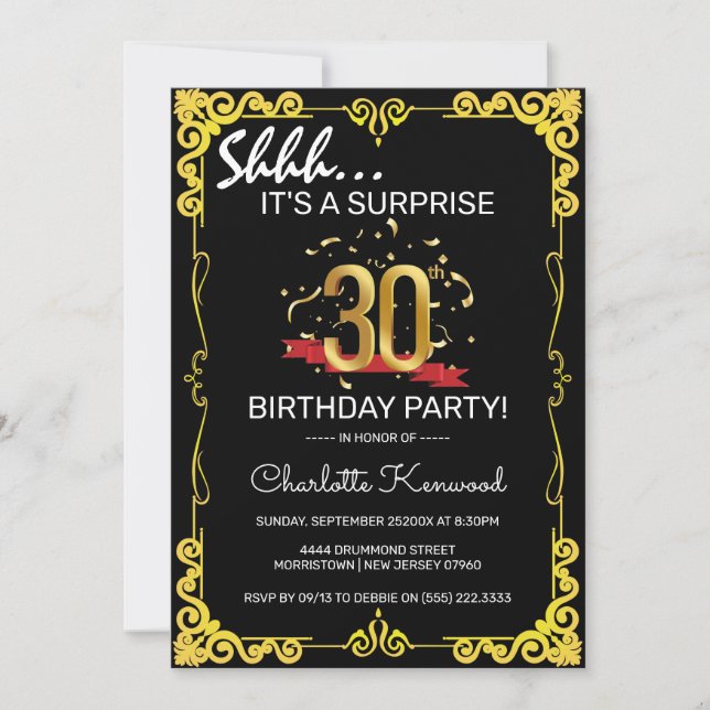 Invitation Black & Gold 30th Surprise Birthday Party  (Devant)