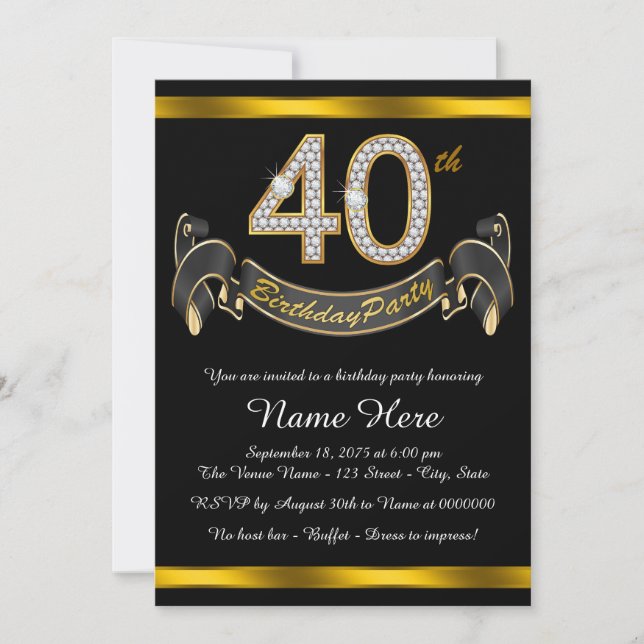 Invitation Black Gold 40th Birthday Party (Devant)