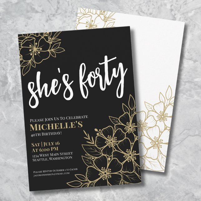 Invitation Black Gold 40th Birthday Party (Elegant Forty Black Gold 40th Birthday Party Invitation)