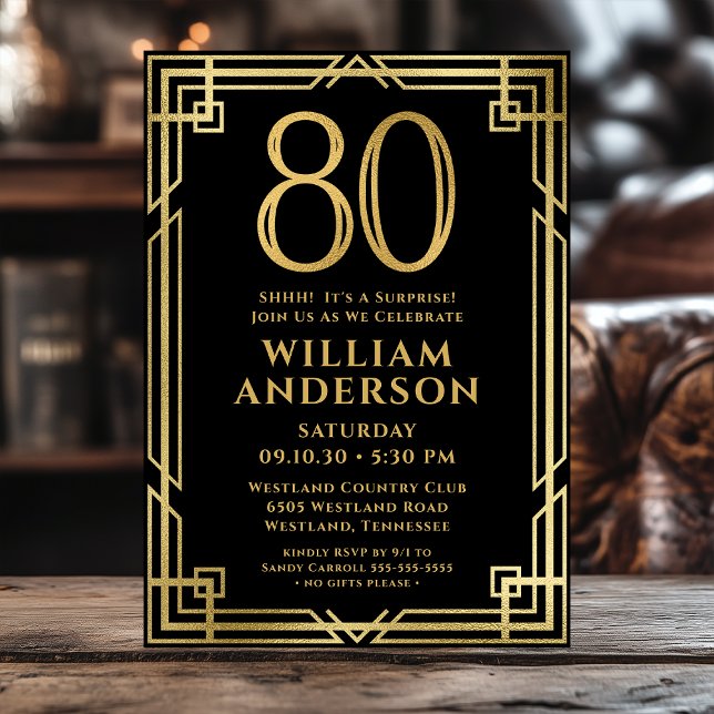 Invitation Black Gold 80th Birthday Photo Surprise Party (Créateur téléchargé)
