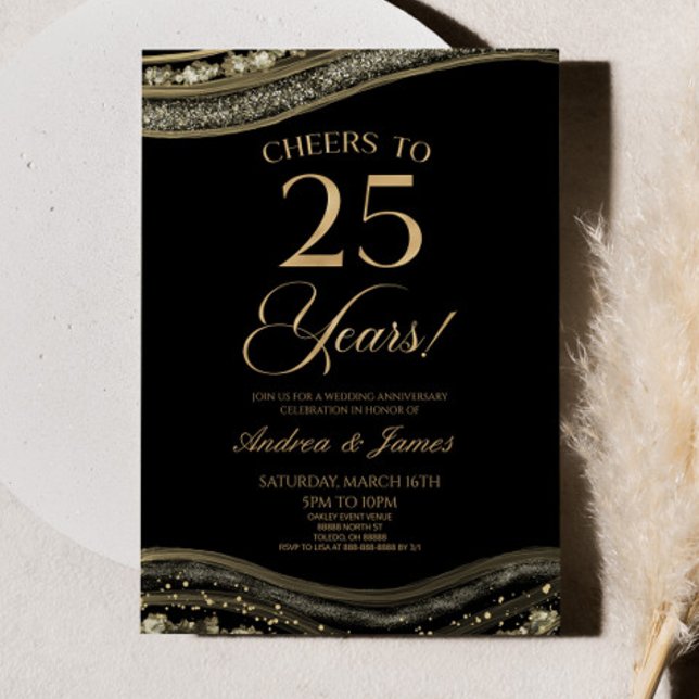 Invitation Black Gold Agate 25e fête Mariage Anniversaire (Créateur téléchargé)
