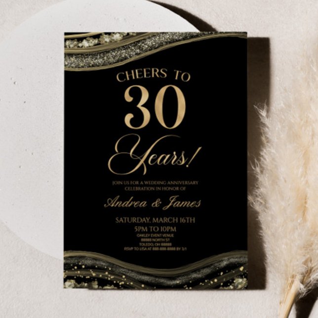 Invitation Black Gold Agate 30e fête d'anniversaire du Mariag (Créateur téléchargé)