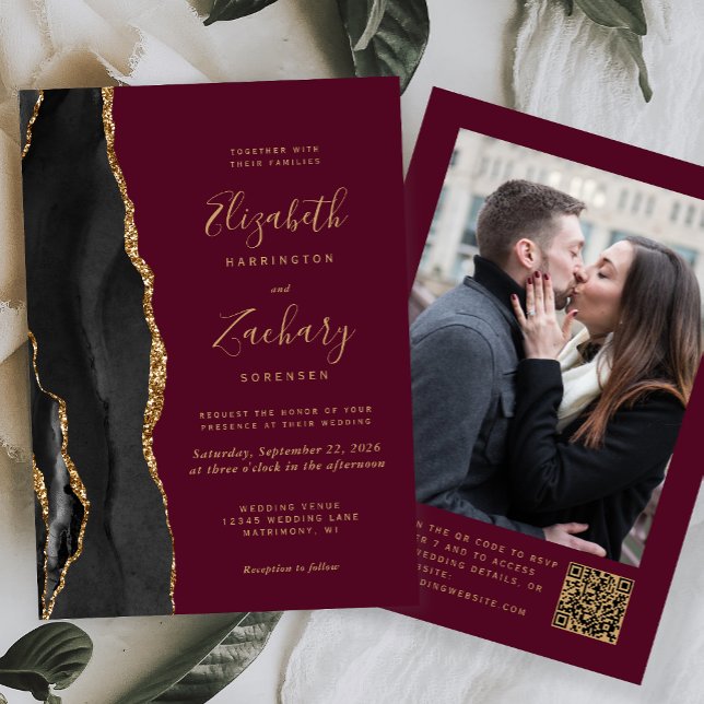 Invitation Black Gold Agate Bourgogne Photo QR Code Mariage (Créateur téléchargé)