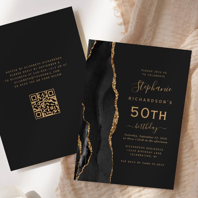 Invitation Black Gold Agate QR Code 50e anniversaire (Créateur téléchargé)