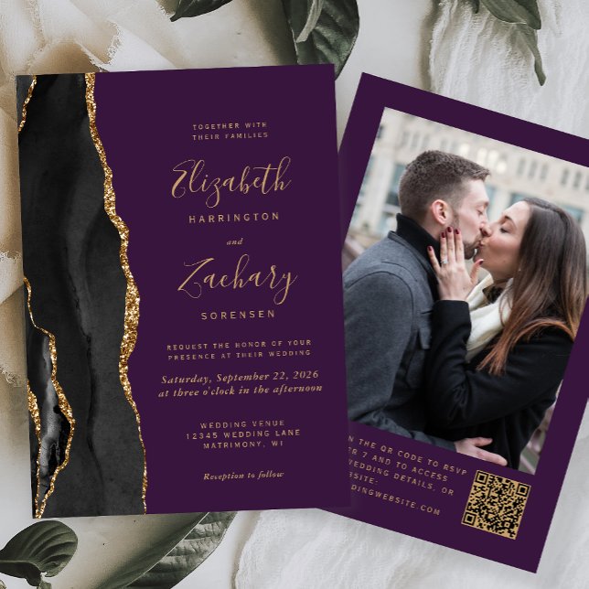 Invitation Black Gold Agate violet photo QR Code Mariage (Créateur téléchargé)