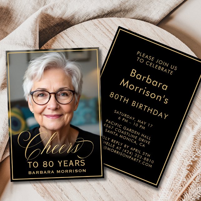 Invitation Black & Gold Anniversaire de la joie à 80 ans Phot (Créateur téléchargé)
