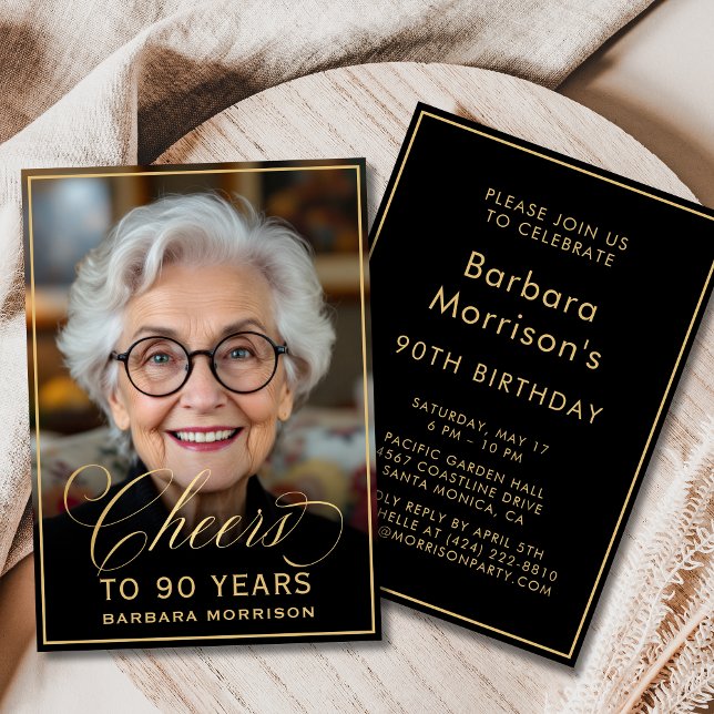 Invitation Black & Gold Anniversaire de la joie à 90 ans Phot (Créateur téléchargé)