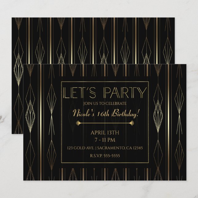 Invitation Black & Gold Art Déco Fêtons Anniversaire (Devant / Derrière)
