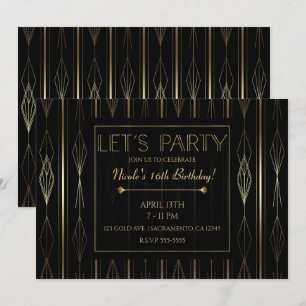Invitation Black & Gold Art Déco Fêtons Anniversaire