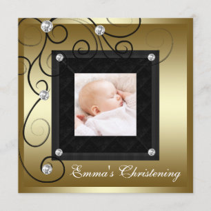 Invitation Black Gold Baby Girl Photo Christening
