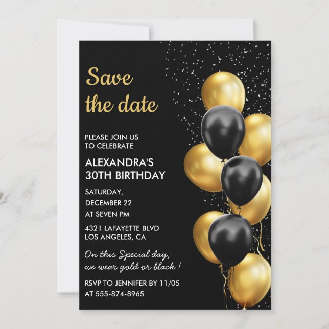 Invitation Black Gold Balloon Elegant 30e Enregistrer la date (Devant)